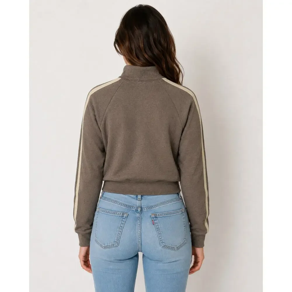 Halara Ribbed Stand Collar Zip Track Jacket Brown Stripe Medium